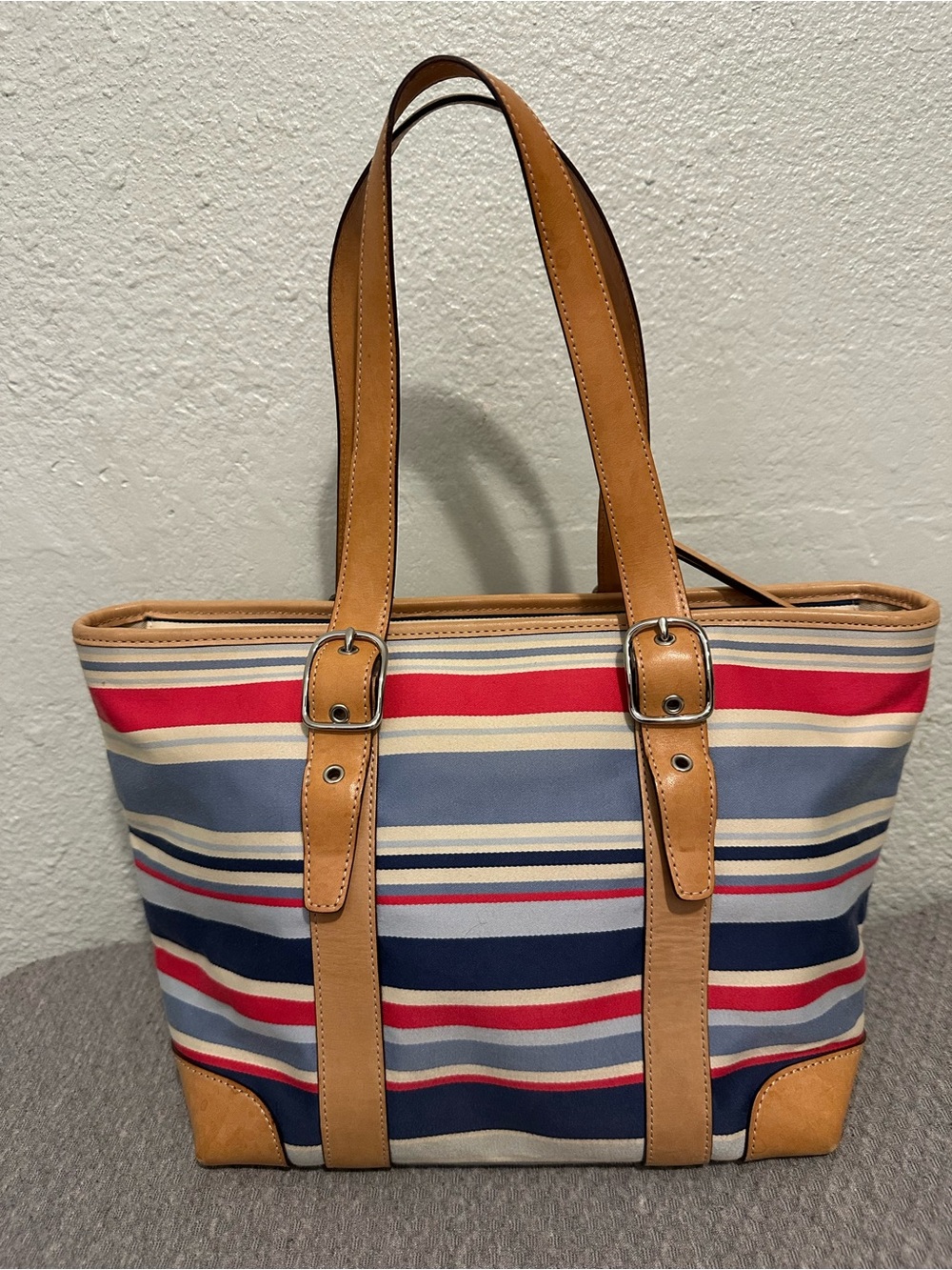 Vintage Coach Hampton Striped Canvas & Leather Blue/Red - Picture 2 of 13